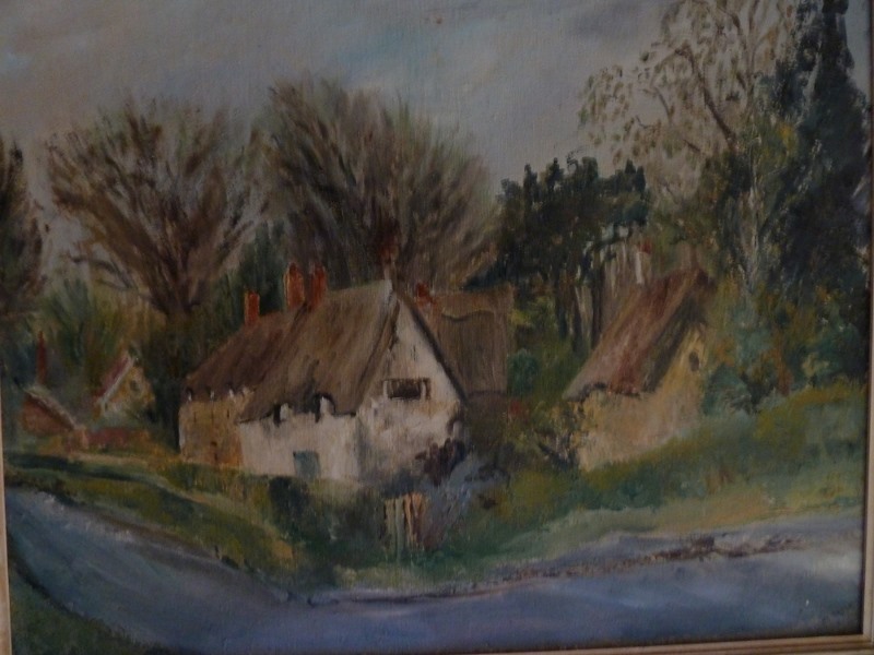 Oil on board early to mid 20th cent
Norwich school.
Old houses at Village at Shotesham, South Norfolk.
Approximately 5 miles south of Norwich