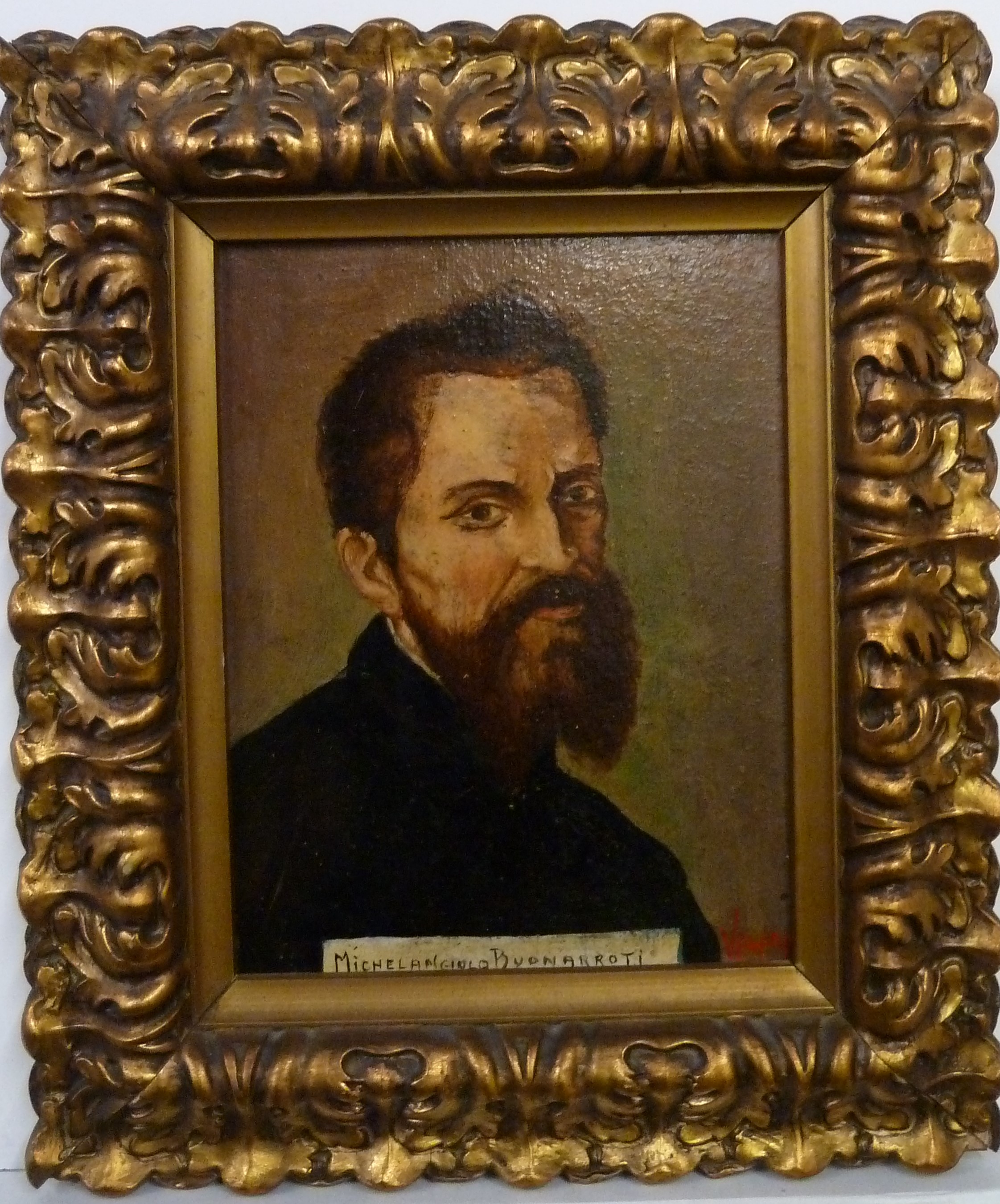 Oil on board,artwork portrait of Michelangelo, with gesso on wood gilt frame. The oil painting is signed, with the date (1924) in pencil on the back of the frame also on the rear of the artwork is the name of the frame maker in Malta. This must have been one of Vincents earliest pieces of artwork (only 15 years old).  Vincent Apap, OBE (Maltese: 13th November 1909 – 15th February 2003) was a Maltese sculptor who is well known for designing various public monuments and church statues, most notably the Triton Fountain in Valletta. He has been called 